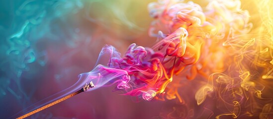 Poster - A photo of colorful smoke drifting from an incense stick in a studio setting with copy space image