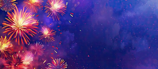 Poster - New Year fireworks with a blank area for text an artistic holiday backdrop featuring vibrant explosions in the sky. Creative banner. Copyspace image