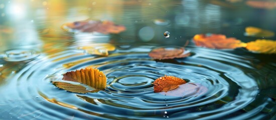Aufkleber - A serene water background featuring ripples drops colored leaves and ample copy space image