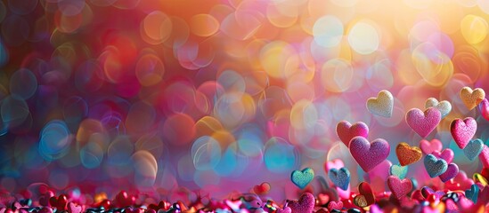 Fototapete - Valentine s Day background with a colorful frame of blurred multicolored hearts ideal for adding text or images known as a copy space image