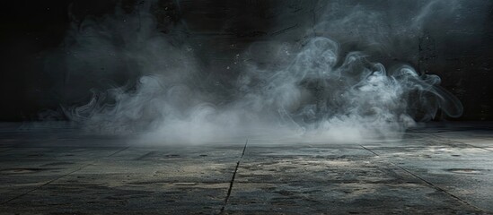 Poster - Smoke hovers over an empty terrazzo stone floor against a dark backdrop with copy space image available