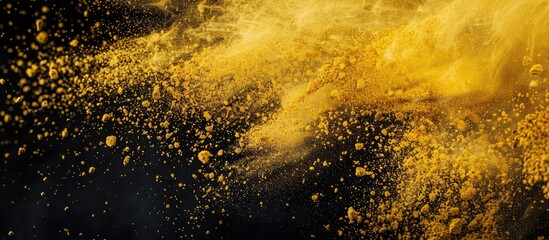 Poster - Freeze motion of yellow powder exploding in an abstract powder splattered background with yellow glitter texture ideal for copy space image