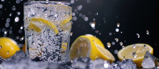 Poster - Fresh cold carbonated water with ice lemon slices and soda on black background with copy space image