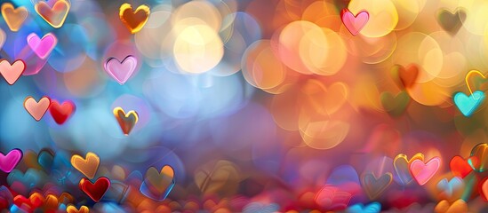 Fototapete - Valentine s Day background with a colorful frame of blurred multicolored hearts ideal for adding text or images known as a copy space image
