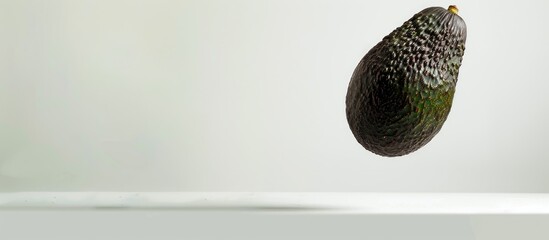 Aufkleber - A ripe avocado hovering in mid air against a white backdrop emphasizing healthy food and the concept of levitation with empty space for custom text or images. Creative banner. Copyspace image