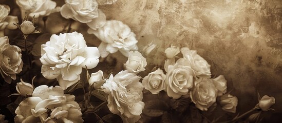 Aufkleber - A festive floral backdrop featuring a bush of blooming white roses with a sepia toned image and room for text or graphics. Creative banner. Copyspace image