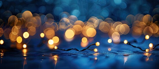 Canvas Print - Blurred navy blue backdrop adorned with shiny gold lights ideal for a winter holiday greeting card mock up selective focus copy space image