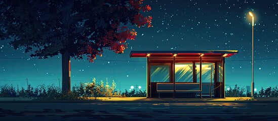 Poster - Nighttime bus stop scene with copy space image