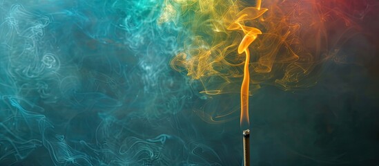 Poster - A photo of colorful smoke drifting from an incense stick in a studio setting with copy space image