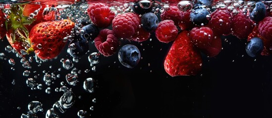 Poster - Fresh berries cascading into water against a black background with copy space image depicting a concept related to fruit vegan food and vibrant colors