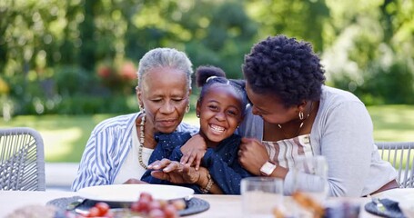 Poster - Mother, child and kiss in outdoor, grandma and weekend for celebration, park and food. Bonding together, smile and playful with affection, happiness and parent for childhood, embrace and daughter