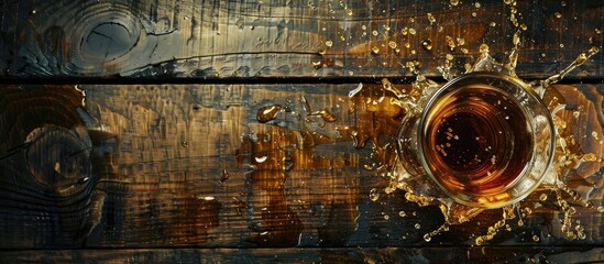 Aufkleber - Celebrate International Whiskey Day with a top down view of a whiskey bottle and glass on a wooden surface with splashes creating an artistic touch in the copy space image
