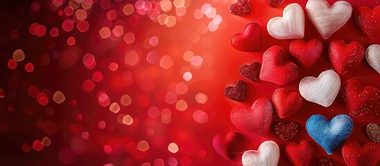 Leinwandbilder - Valentine s Day or wedding themed greeting card featuring colorful hearts on a red backdrop with copy space image for personalization