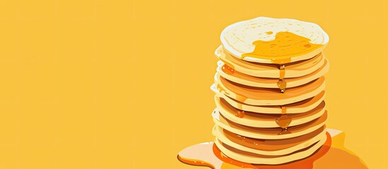 Aufkleber - A tall stack of homemade pancakes with a drizzle of maple syrup deliciously cooked and ready to be devoured filling the copy space image