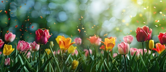 Poster - A vibrant meadow in spring with colorful tulips provides a natural floral setting perfect for an Easter background with ample copy space