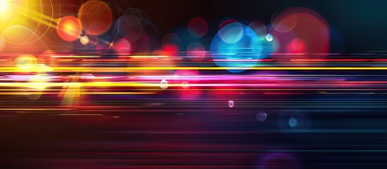 Leinwandbilder - A blurred design with multicolored horizontal stripes on a dark background featuring glowing lights and a lens flare ideal for a copy space image