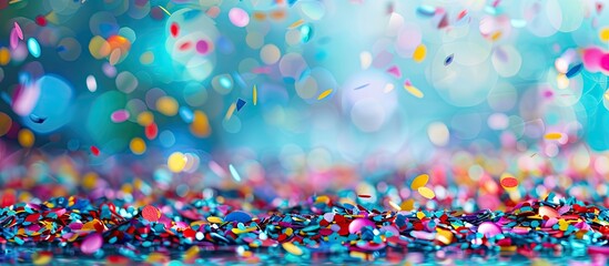 Poster - Colorful confetti scattered on a festive carnival party background with ample copy space image