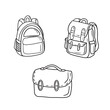 © Nataliya Pokrovska - Collection set of school backpacks and cross body bag for books carrying in black isolated on white background. Hand drawn vector sketch illustration in doodle engraved vintage line art style