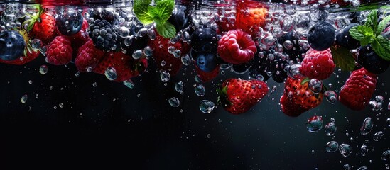 Poster - Fresh berries cascading into water against a black background with copy space image depicting a concept related to fruit vegan food and vibrant colors
