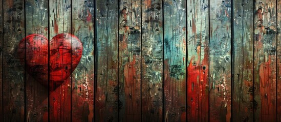 Poster - Vintage Valentine background with a heart on wooden planks backdrop featuring a gradient ideal for including text or elements. Creative banner. Copyspace image