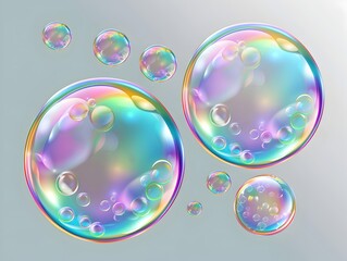 Poster - A set of soap bubbles isolated on a transparent background, with vector illustration design elements in rainbow colors and an iridescent effect. Isolated on a transparent background with a clipping pa