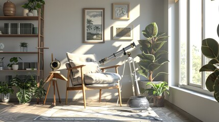 Canvas Print - Cozy Living Room with a Telescope and Plants