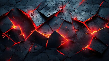 Wall Mural - Black and dark background, red glowing edges of broken shapes