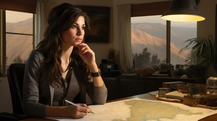 Sticker - A Woman Pondering Over a Map in a Sunlit Room