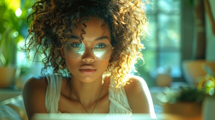 Poster - Close-up Portrait of a Woman with Curly Hair and Glasses