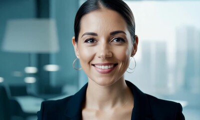 Wall Mural - Portrait of happy young businesswoman looking at camera with smile.