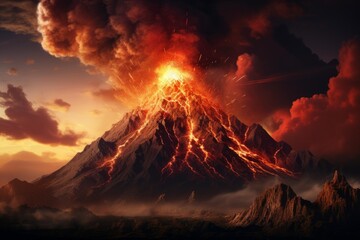 Wall Mural - Dramatic landscape with volcanic eruption, glowing lava, and dark clouds at dusk