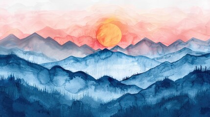 Wall Mural - A painting of mountains with a sun in the sky