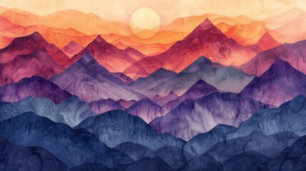 Wall Mural - a painting of mountains with a sun in the sky. the mountains are purple and blue
