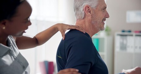 Canvas Print - Senior, man and physiotherapist with exercise for shoulder pain in clinic with healthcare and injury treatment. Physical therapy, medical expert and elderly patient with recovery and rehabilitation