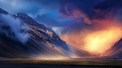 Wall Mural - a mountain range with a cloudy sky and a bright orange sun