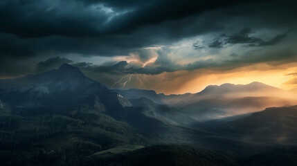 Wall Mural - a mountain range with a stormy sky and a few birds flying in the sky
