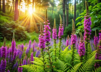 Wall Mural - Delicate purple loosestrife flowers bloom amidst lush greenery and Ferns in a serene natural setting, with gentle sunlight filtering through the dense foliage.