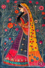 Wall Mural - Colorful traditional Madhubani art from India of a woman in a sari on a textured background