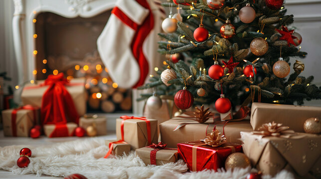 New Year's interior. gifts and toys under the Christmas tree. Christmas decorations.