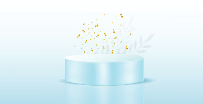 Luxury products showcase background art with leaf shadow and golden color ribbon. Realistic sky blue color product mockup design with a blue background. Pearl Vector. Product display mockup.