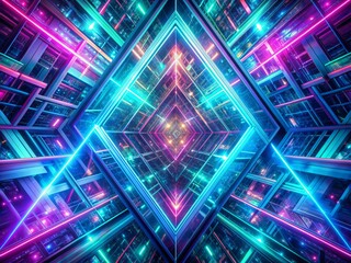 Poster - Vibrant geometric shapes of neon-lit squares and triangles in mesmerizing fractal patterns create a futuristic urban abstract background with electric blue, pink, and green hues.
