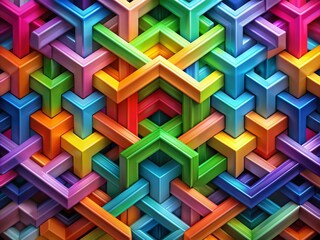 Poster - Vibrant abstract background featuring interlocking geometric shapes in a kaleidoscope of colors, forming a complex structure that's both visually striking and mesmerizingly beautiful.
