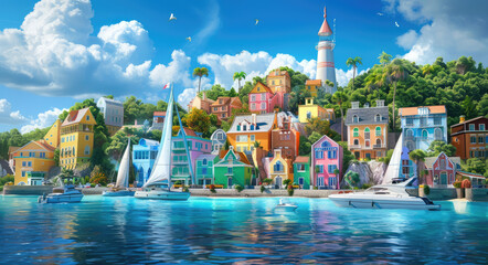 Poster - A vibrant, colorful coastal city with a bustling harbor and boats in the Caribbean Sea. The buildings feature bright pastel colors like pink, blue, green, yellow, orange, and red