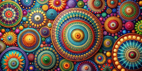 Poster - Vibrant abstract background featuring a mesmerizing mix of colorful circles, geometric shapes, and intricate patterns in a harmonious blend of modern artistic expression.