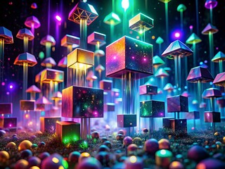 Poster - Vibrant 3D rendered abstract geometric background filled with neon glowing cubes suspended in dark space, surrounded by bokeh lights and surreal mushroom silhouettes.