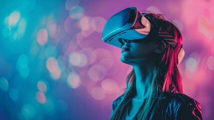 Aufkleber - A woman wearing a virtual reality headset is looking at a blurry background