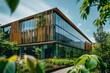 © ChaoticMind - A striking modern building with sustainable architectural features including wooden elements and extensive use of glass, surrounded by lush greenery and soft natural light.