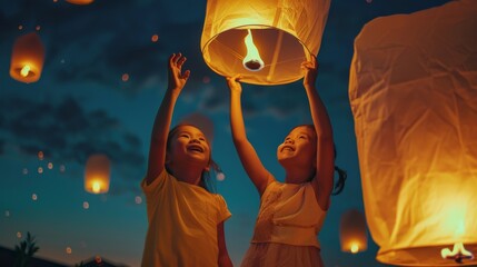 Aufkleber - A magical scene where children are releasing glowing lanterns into the night sky, symbolizing hope, dreams, and celebrations, creating a memorable and enchanting moment.