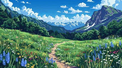 a vibrant meadow in full bloom with colorful flowers, set against a backdrop of towering snow-capped