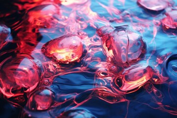 Poster - Close-up of vibrant red bubbles on a dynamic blue watery background, ideal for abstract concepts